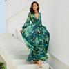 1011 Spring and Summer New European and American Women's Dress V-Neck Lantern Sleeve Red Leaf Printed Long Dress, Large Swing Dress