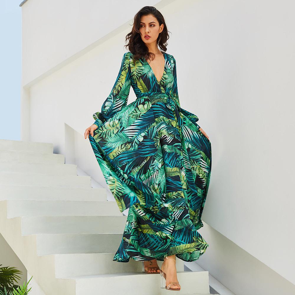 1011 Spring and Summer New European and American Women's Dress V-Neck Lantern Sleeve Red Leaf Printed Long Dress, Large Swing Dress