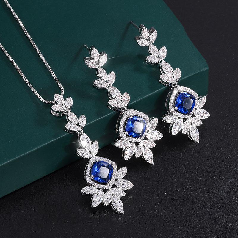 Jewelry Copper-Plated Real Gold Wind Simulation Blue Spinel Pendant Earrings Women'S Set Main Stone 8 * 8