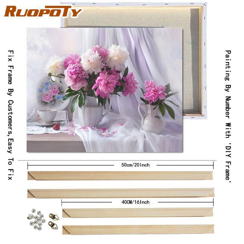 RUOPOTY Краска по номерам, цветок пиона, настенное искусство, уникальный подарок, ручная роспись на холсте, картина по номерам, уличный декор для детской комнаты