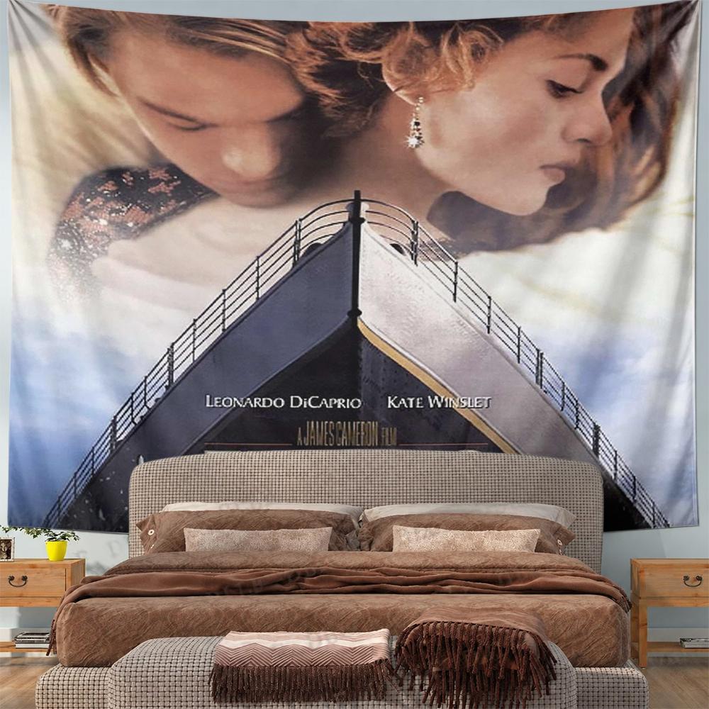 Horizontal Tapestry Titanic Poster Couple Ship Bow Clouds, Blue Beige, Wide Decor for Adult Fan Dorm Gift