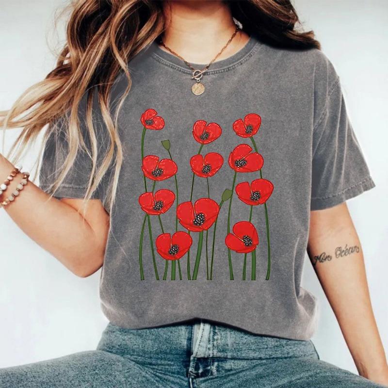 Футболка с круглым вырезом и короткими рукавами из чистого хлопка, выстиранная и состаренная, с цветочным узором, летняя, новая, удобная