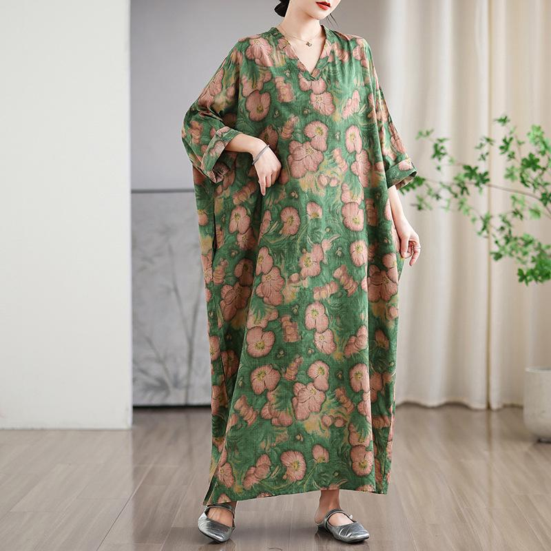 Ранняя весна отпуск стиль туризм V-образный вырез художественный ретро свободный повседневный средней длины закрытое платье