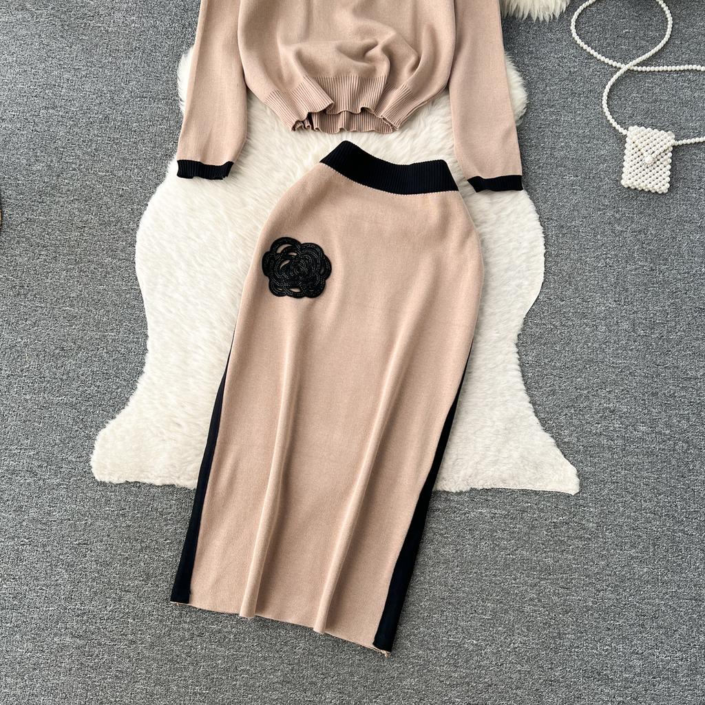 Осенний женский брендовый дизайнерский вязаный свитер с бисером, комплект из двух предметов, пуловер с длинными рукавами, топ и тонкая облегающая юбка-футляр, наряды