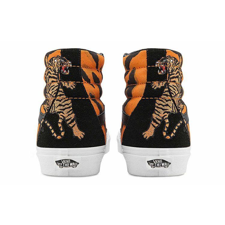 Vans Sk8 Reissue Tiger Embroidery Tiger Stripe Casual High-Top Skate Shoes Unisex Sneakers Black Orange VN0A2XSBORA