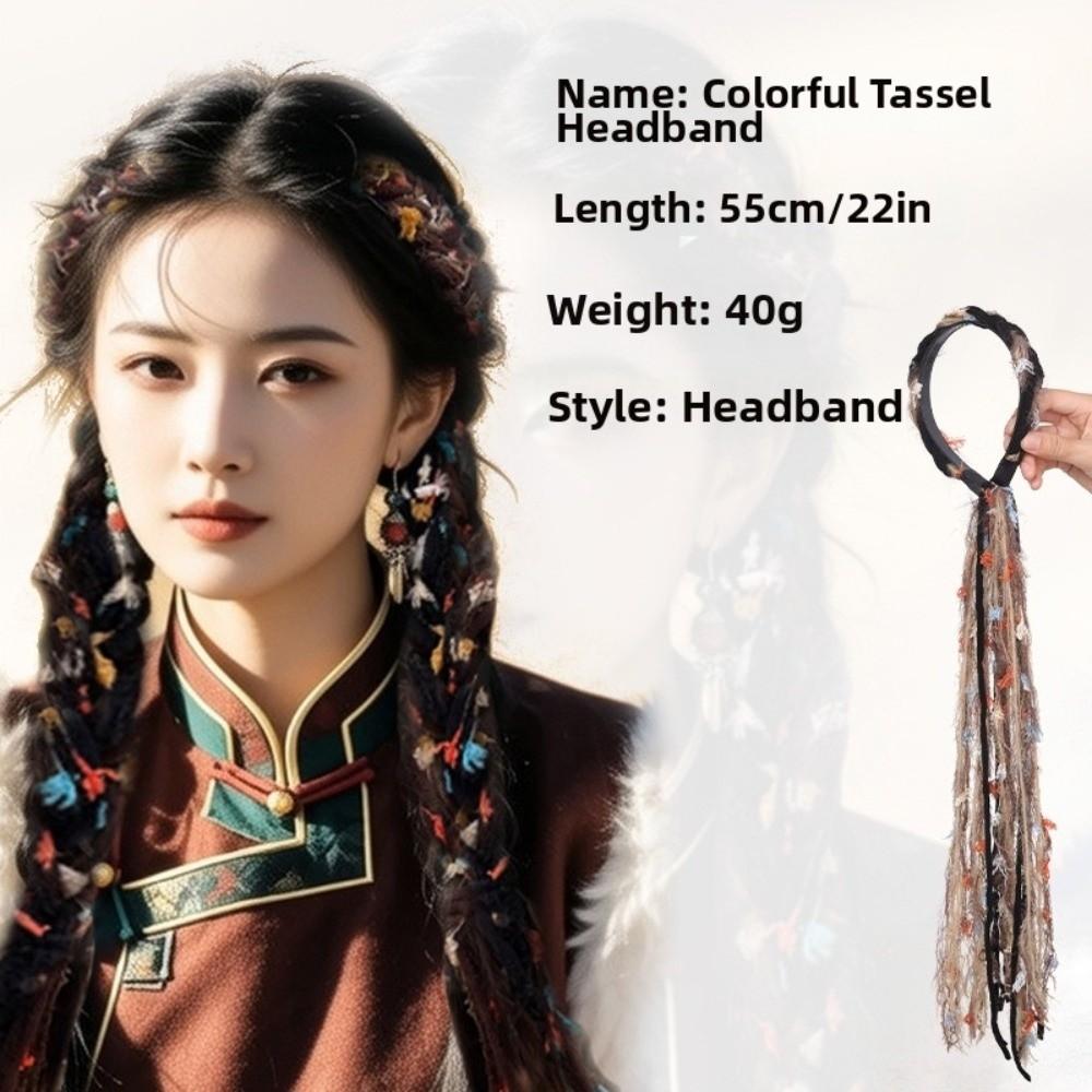 Ethnic Style Bohemian Tassel Headband 22Inch Colorful Braids Hairpieces for Women