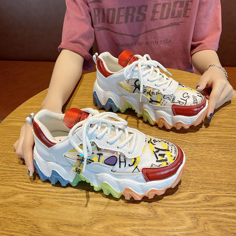 Fashion Rainbow Color Women Chunky Sneakers 7cm Lace-up Platform Casual Shoes Woman Vulcanize Shoes Designer Dad Sneakers