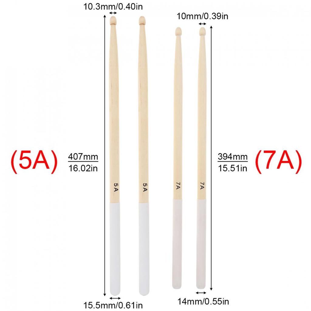 1 Pair 5A / 7A Drumsticks Wood Drum Sticks with Non-slip Rubber Handle Cover
