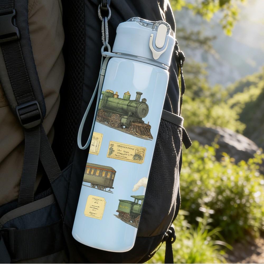 1PC Vintage Steam Train Set 750ml Color Plastic Sports Water Bottle Leakproof Flip Straw Lid Suitable for Sports Office Home Use