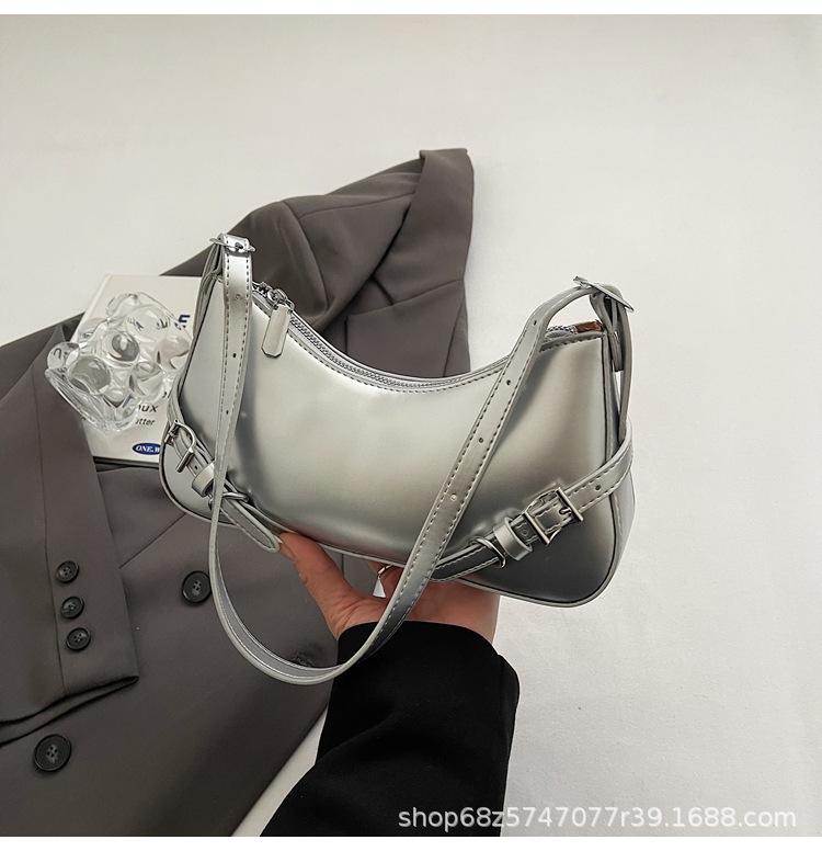 Premium sense baguette bag 2025 new product Internet celebrity live broadcast solid color belt zipper fashion shoulder underarm bag messenger bag