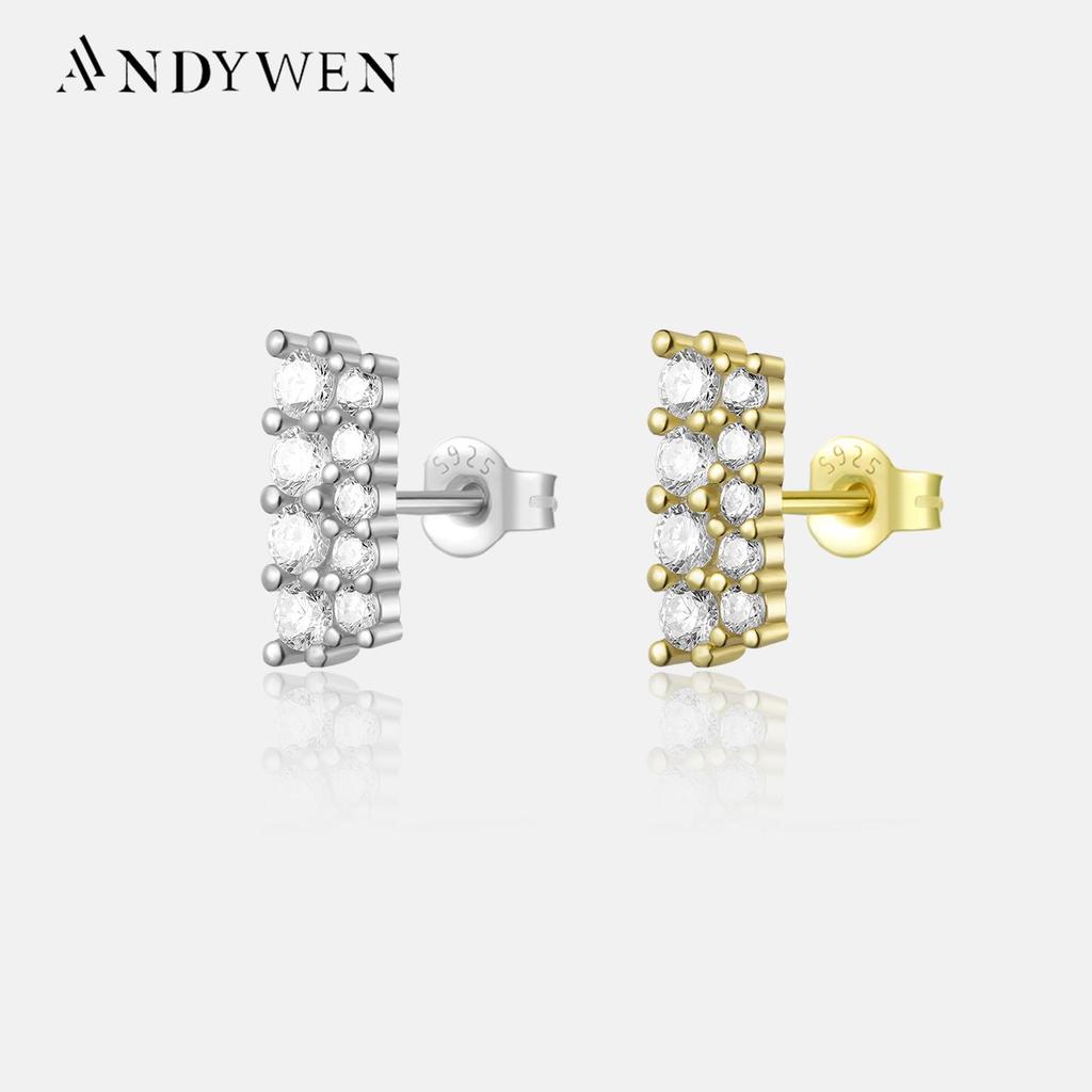 ANDYWEN 925 Sterling Silver Gold Two Line Piercing Zircon CZ Stud Earring Women Luxury Jewelry Wedding Gift
