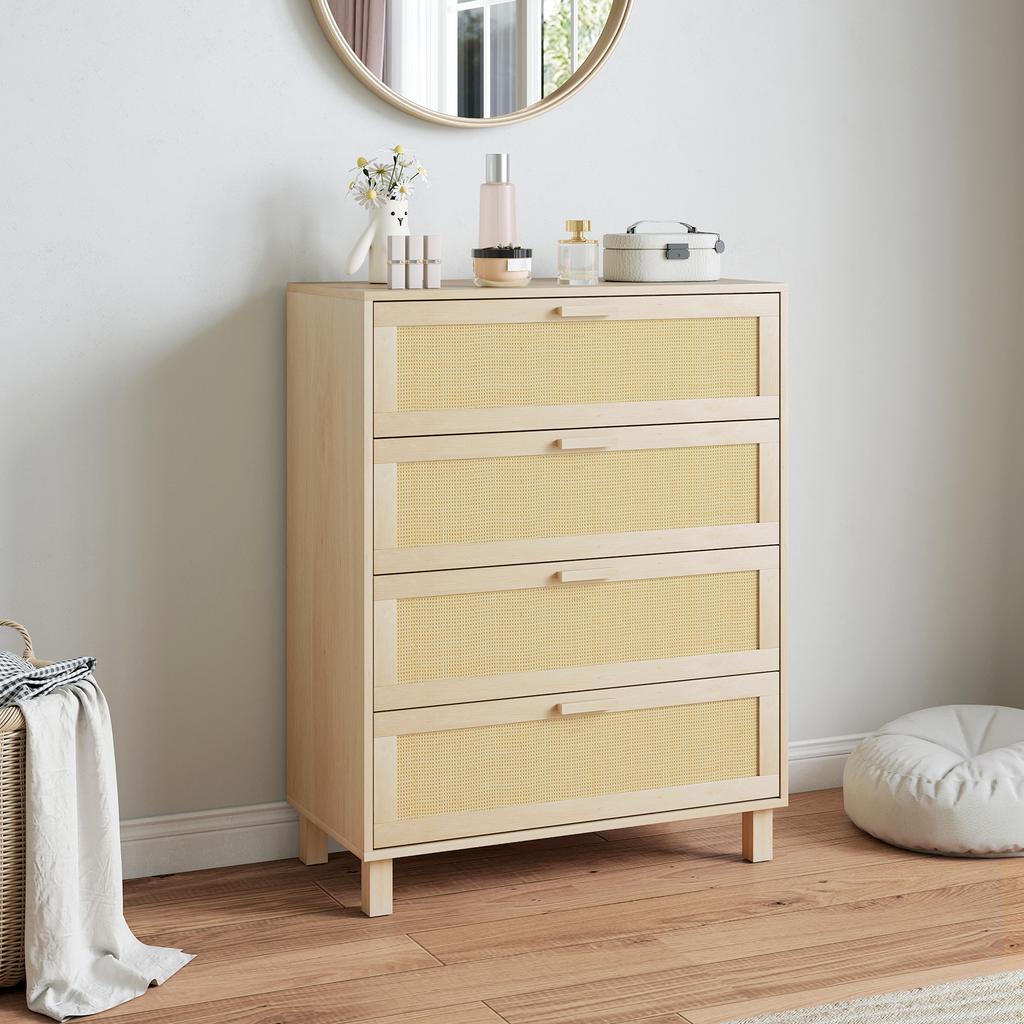 4-Drawer MDF Chest of Drawers, Rattan Caning, 80x40x103 cm, Light Wood Effect