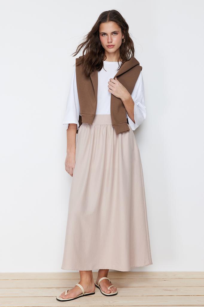 Women's Fashion Ecru Lined Polka Dot Pleated Woven Skirt