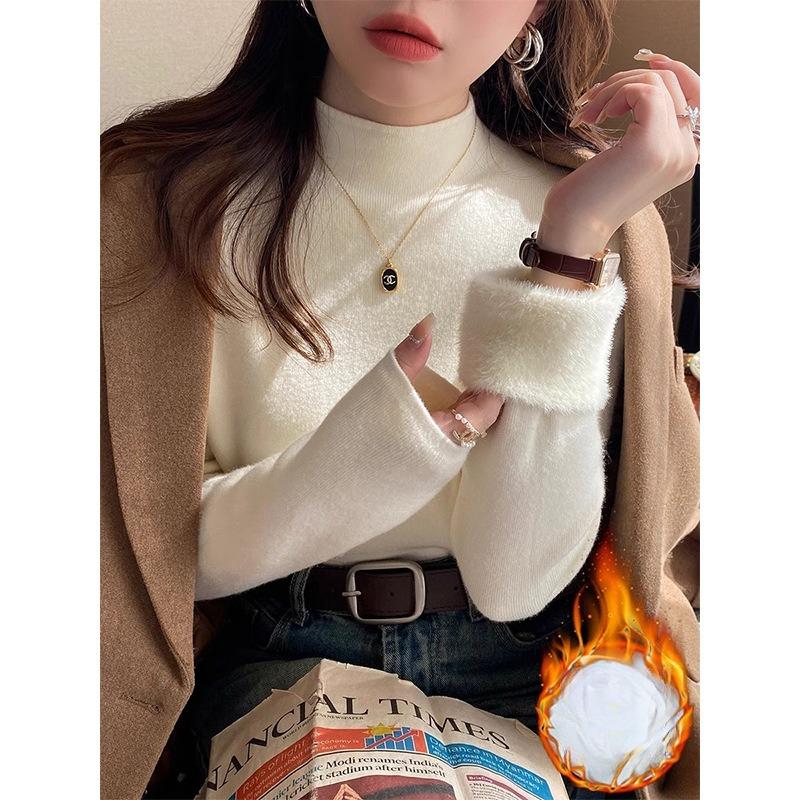 White Knitted Fleece Lined Half High Collar Sweater Women's Fashion Autumn Winter Inner Wear Base Shirt Integrated Fleece Top