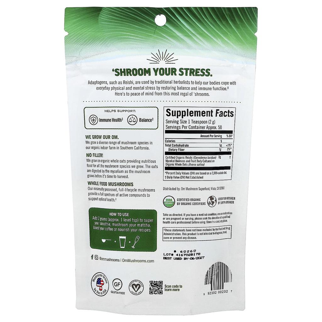 Reishi Mushroom, 100% Certified Organic Mushroom Powder, 100G(3.5Oz)