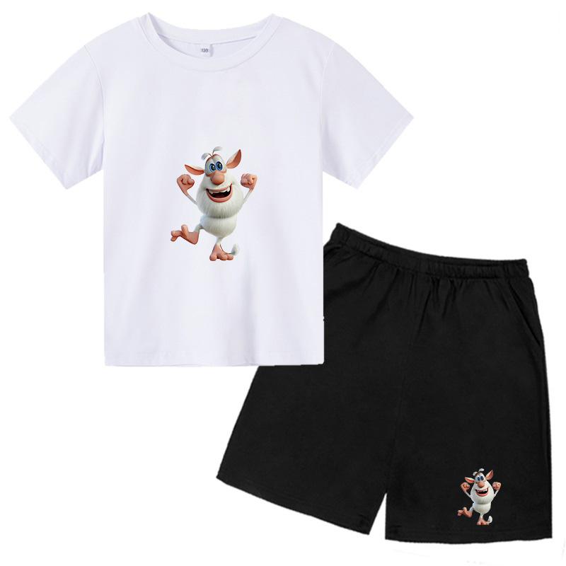 Black Booba Cartoon Kids Tracksuit Short Sleeve Tee + Shorts 2PCS Set for Toddlers to Teens