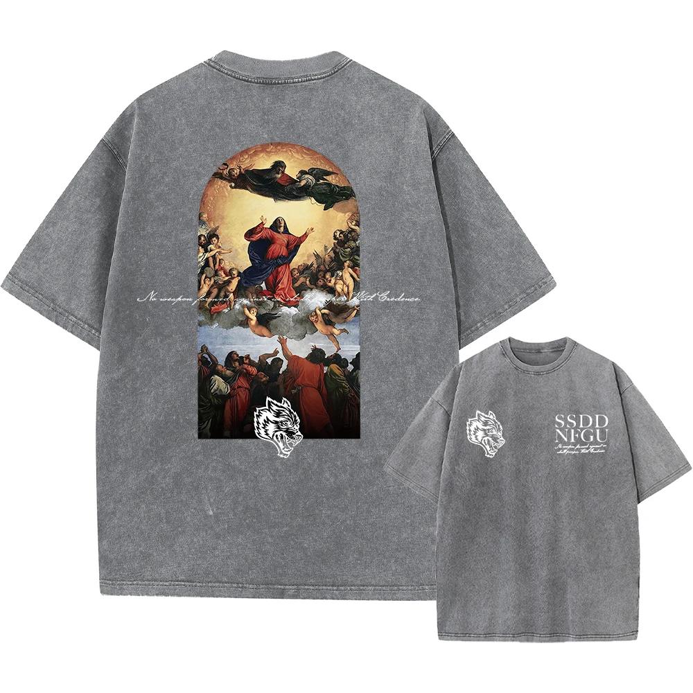 Футболка Vintage Darc Sport Wolves Print Acid T Shirt Men Clothing Cotton Boy Skateboard Short Sleeve Washed Gym Oversize Fitness