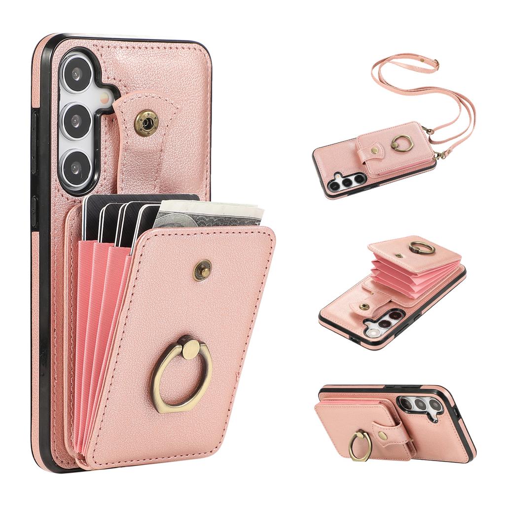 For Samsung Galaxy A26 5G Case Card Holder Ring Kickstand TPU+PU Leather Phone Cover with Long Strap