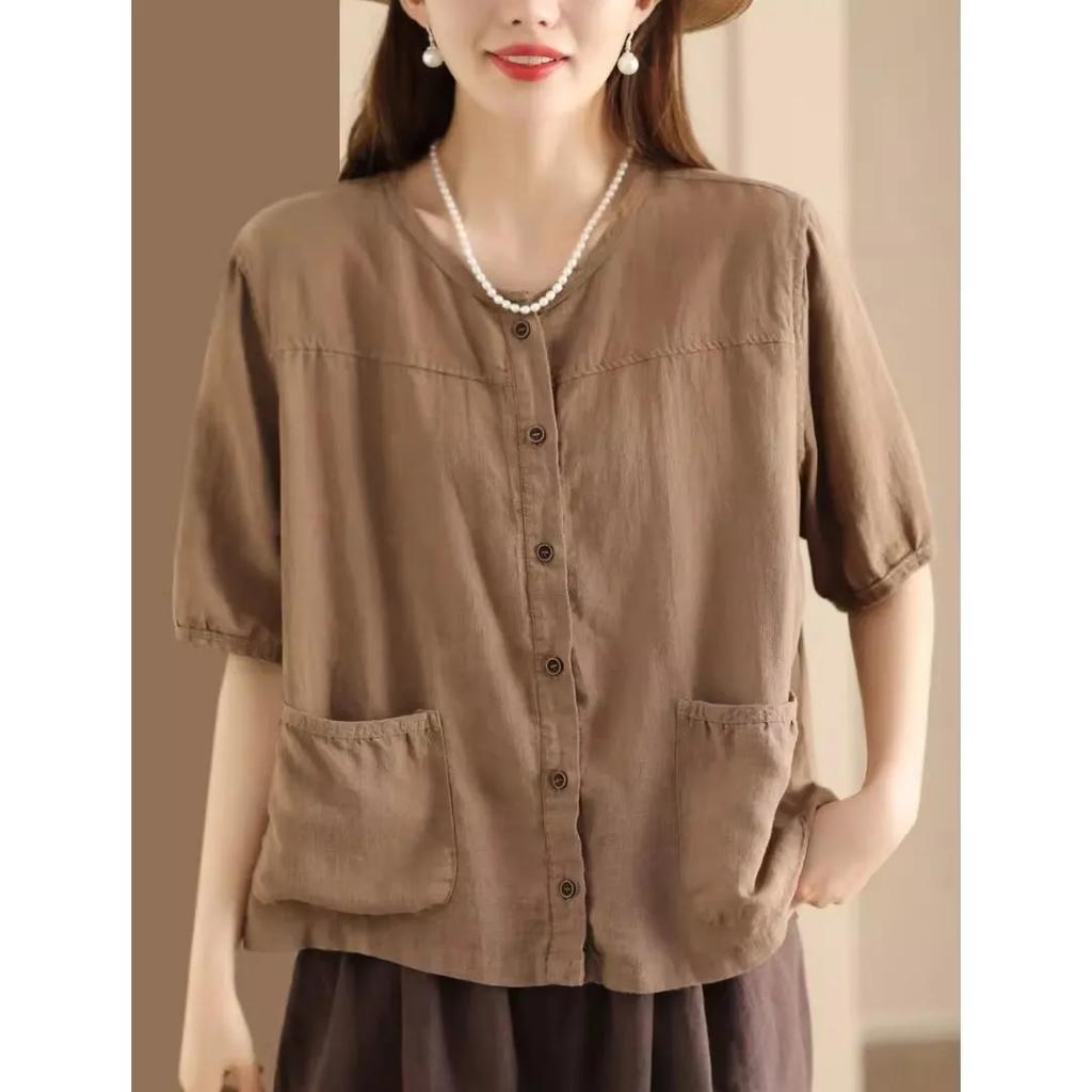 Женская летняя однотонная повседневная рубашка в стиле ретро с короткими рукавами, однобортный повседневный удобный топ