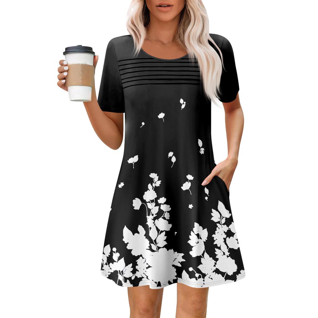 Женские летние повседневные платья с круглым вырезом, плиссированные, с карманами, с принтом, с коротким рукавом