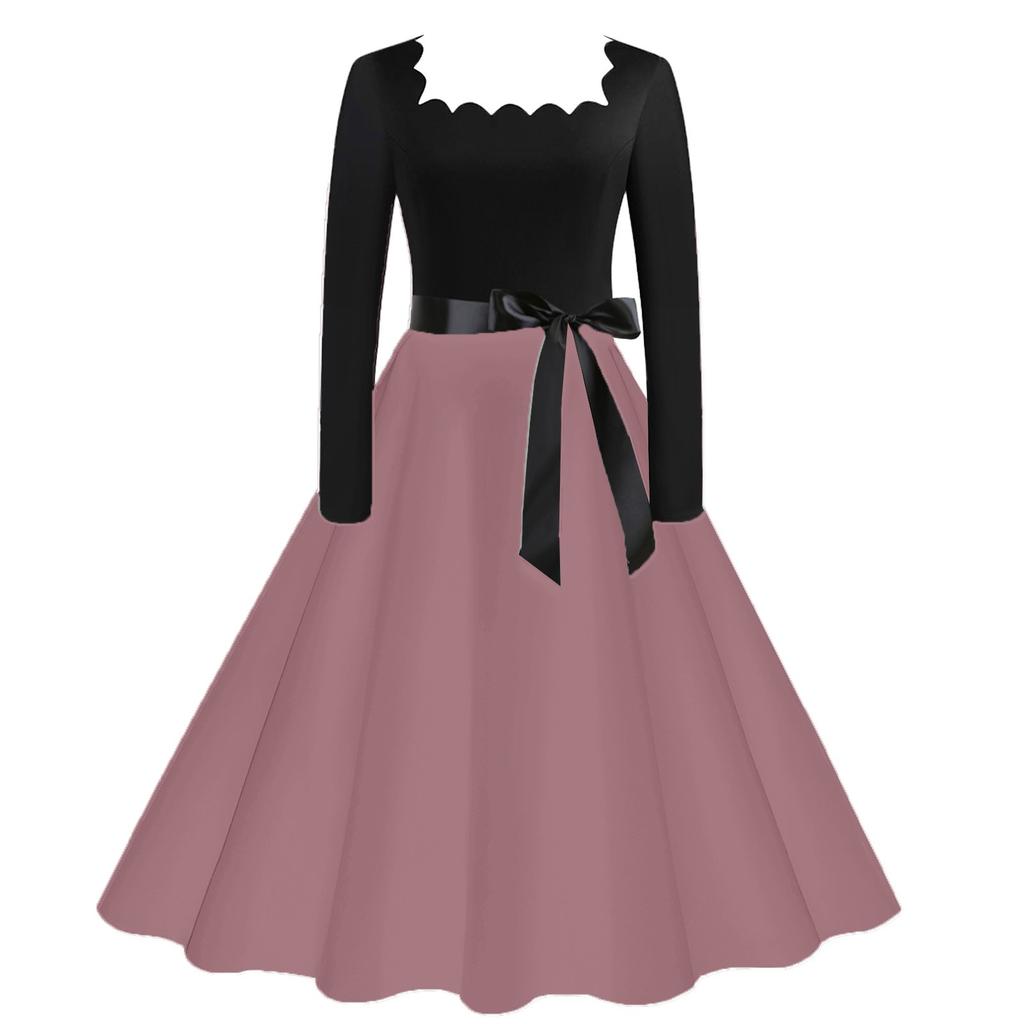 Однотонное платье-клеш для женщин Повседневное винтажное платье с длинным рукавом и квадратным воротником