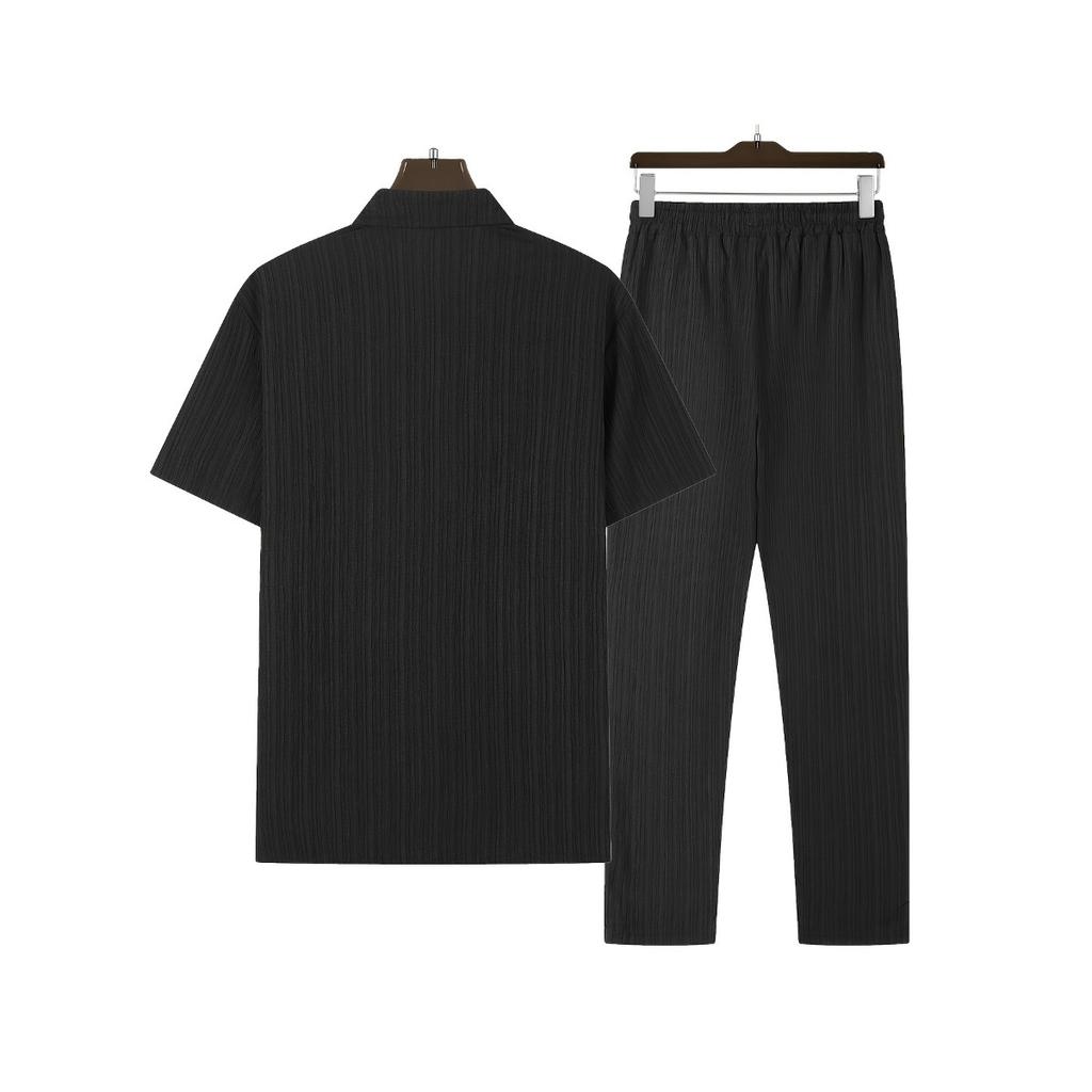 Мужская повседневная полосатая толстовка с коротким рукавом, воротником-стойкой на пуговицах и эластичным поясом, брюки из полиэстеровой ткани с добавлением эластана, двухкомпонентный