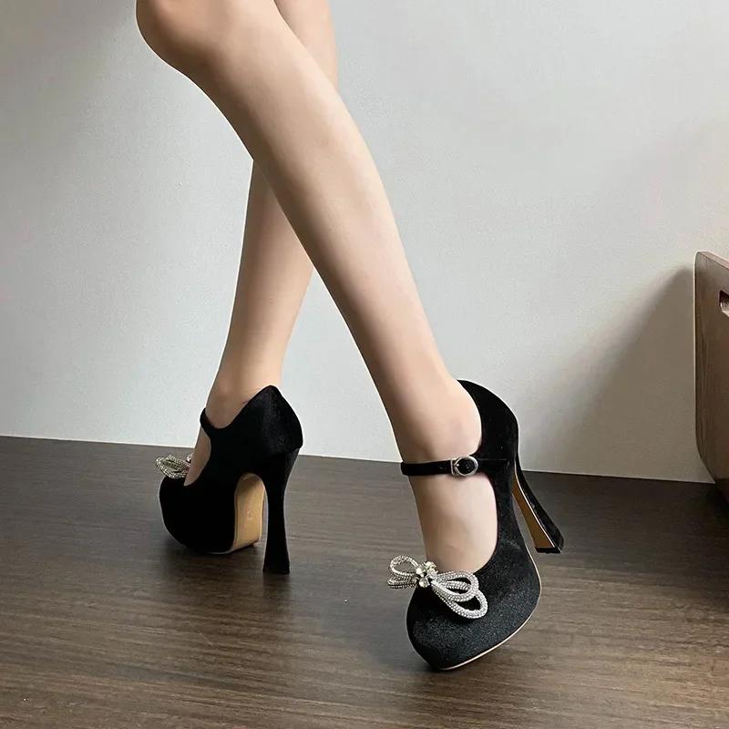 Red Bow Rhinestone 13CM High-heeled Women Shoes 2025 New Spring Single Buckle Suede Thick Heel Wedding Shoes