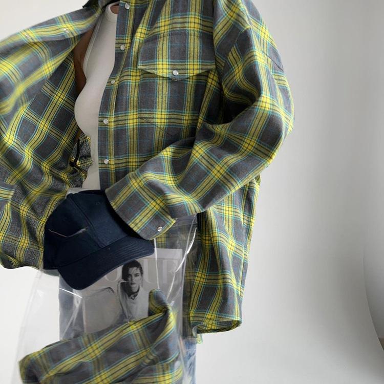 Винтажная свободная рубашка с лацканами, весенне-осенняя клетчатая женская рубашка с длинными рукавами и карманами
