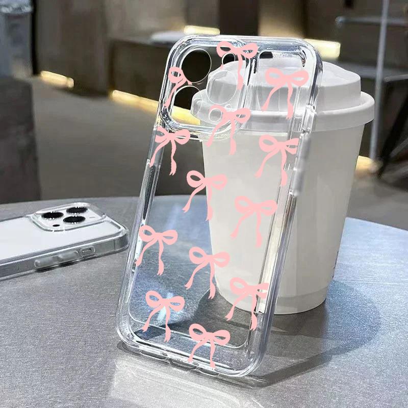 Cute Pink Heart Bow Case For iPhone 15 Pro Max 14 11 12 13 Mini XR XS 7 8 6 6S Plus SE Shockproof Soft Clear Phone Cases Coque