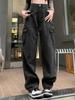 Plain Loose Fit Side Flap Pocket Cargo Jeans High Waisted Comfy Streetwear Y2K Kpop Denim Pants Women's Denim Jeans & Clothing