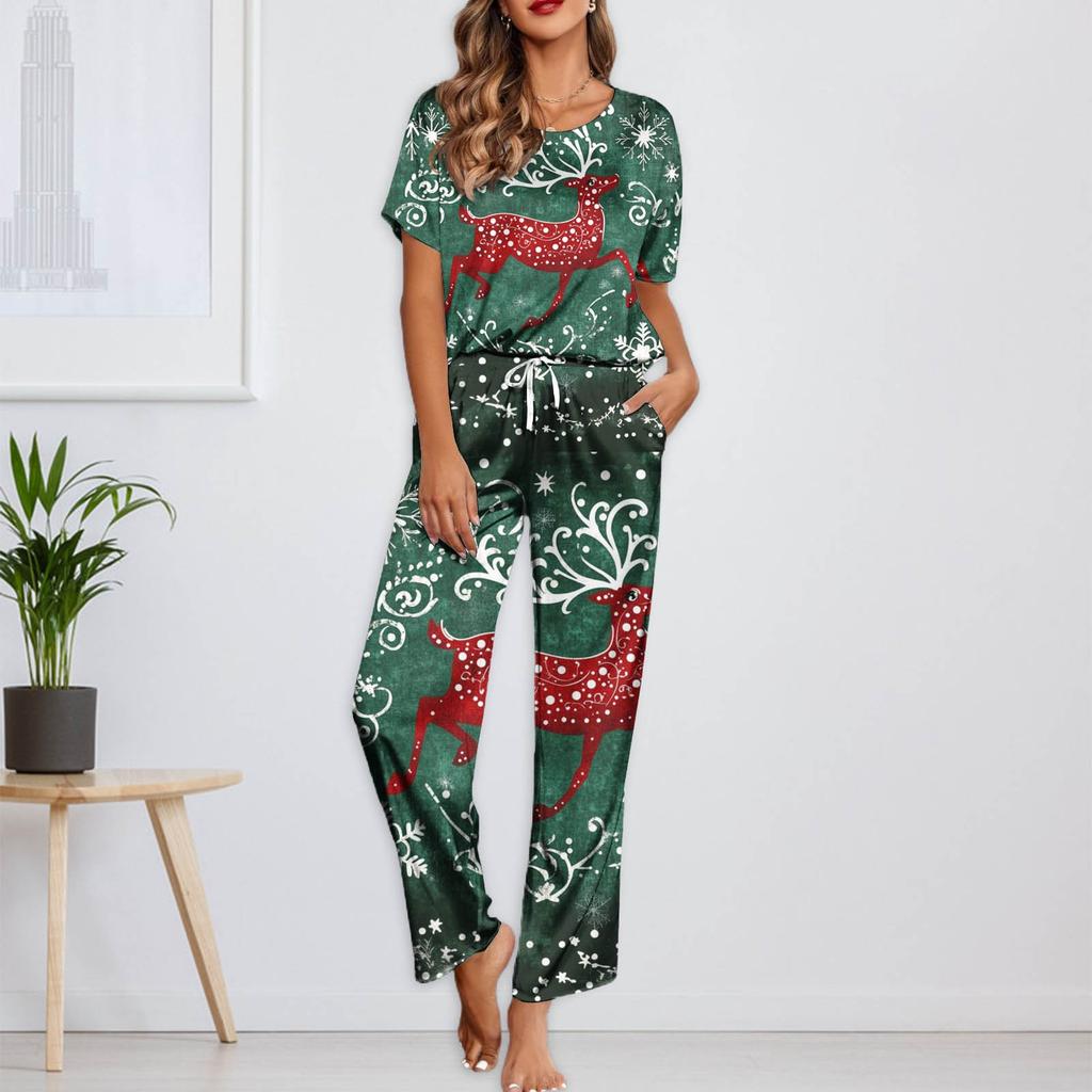 Женский шелковый атласный пижамный комплект с рождественским принтом, рубашка с коротким рукавом и длинные пижамные штаны, мягкая домашняя одежда