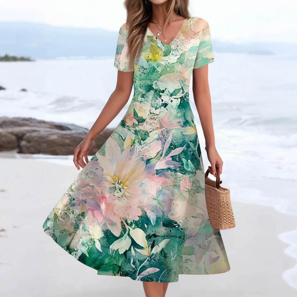 Женское летнее повседневное модное платье с принтом и карманом, коротким рукавом и V-образным вырезом