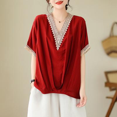 2025 Лето Большой размер Оверсайз Футболка Женская Свободные Топы Футболки Повседневная V-образный вырез Новая рубашка