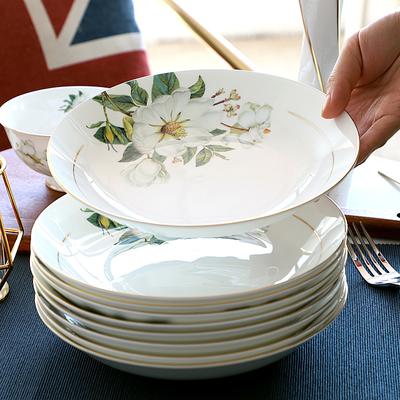 8-дюймовая тарелка из тонкого костяного фарфора класса люкс с золотой каймой - Фарфоровая тарелка 'Камелия', круглая, глубокая, элегантная посуда для дома или вечеринки