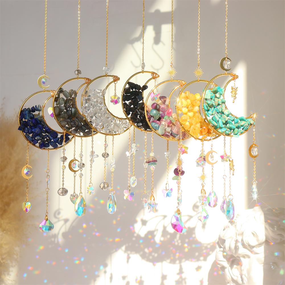 Metal Moon Crystal Frame Pendant Hangable Window Accessories for Balcony