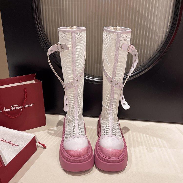 Fashion Mesh boots for women new thin hollow sandals belt buckle thick bottom high knight boots