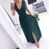 2023 Summer European & American Deep V-Neck Solid Color Maxi Evening Dress with Slit