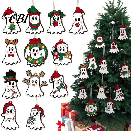 Halloween Christmas Hybrid Decor Ghost Ornaments, Wooden Tree Decorations with Santa Hats Cute Holiday Window Gothic Skull, Hanging Xmas Winter