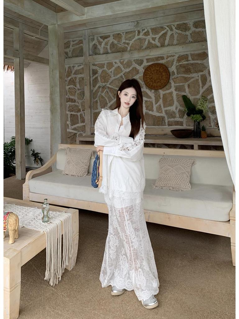 Korean Lace Long-Sleeved Shirt with Suspenders & White Fishtail Maxi Skirt - Women's Three-Piece Set for Spring/Summer 2025