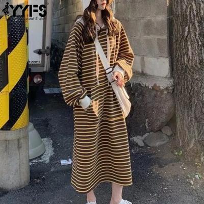 Женская мода Осень Зима Полосатый принт Длинный рукав Капюшон Свободная линия талии Повседневные платья