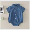 Unisex Newborn Denim Romper with Shirt Collar and Flutter Sleeves - Cotton, Short-Sleeved Baby Crawling Outfit