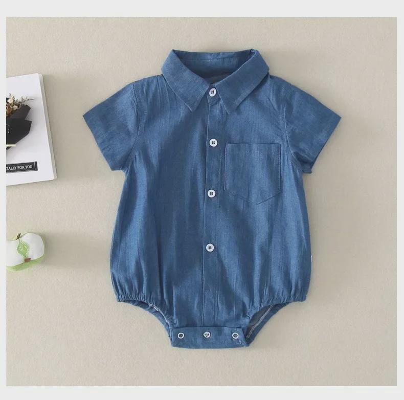 Unisex Newborn Denim Romper with Shirt Collar and Flutter Sleeves - Cotton, Short-Sleeved Baby Crawling Outfit