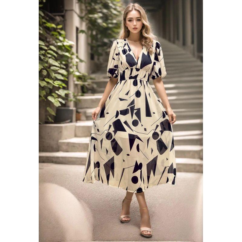 Summer 2025 European and American Dress Temperament Waist Hugging V-neck Print Long Dress V-Neck Printed Long Skirt