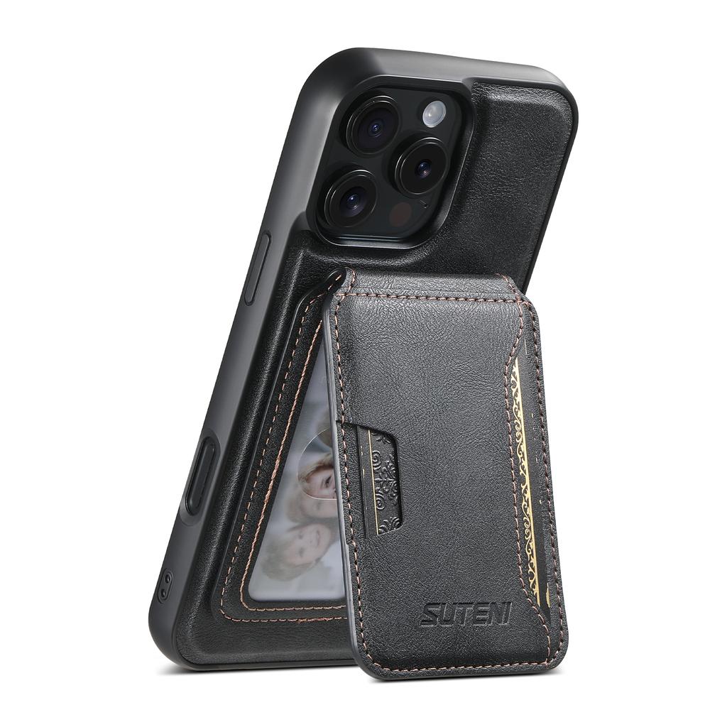 For iPhone 16 Pro Magnetic Case Cowhide Texture Leather Back Cover with Card Bag Kickstand