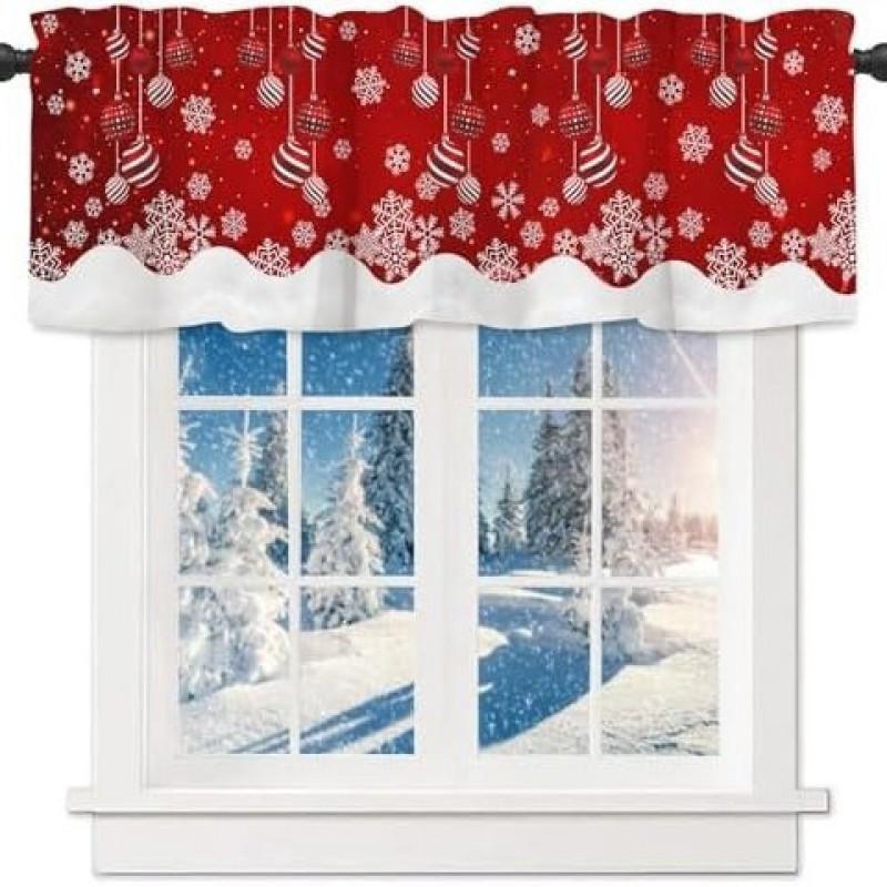 Christmas Window Valance With Rod Pocket Snowman Design Kitchen Short Curtain Festive Decor
