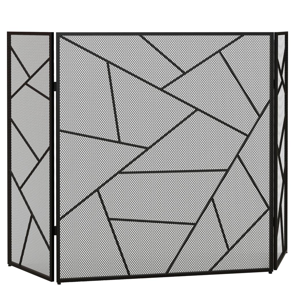 Foldable fireplace screen 3 steel panels with geometric decor and non-slip feet, 135W x 1.2D x 85H cm, black
