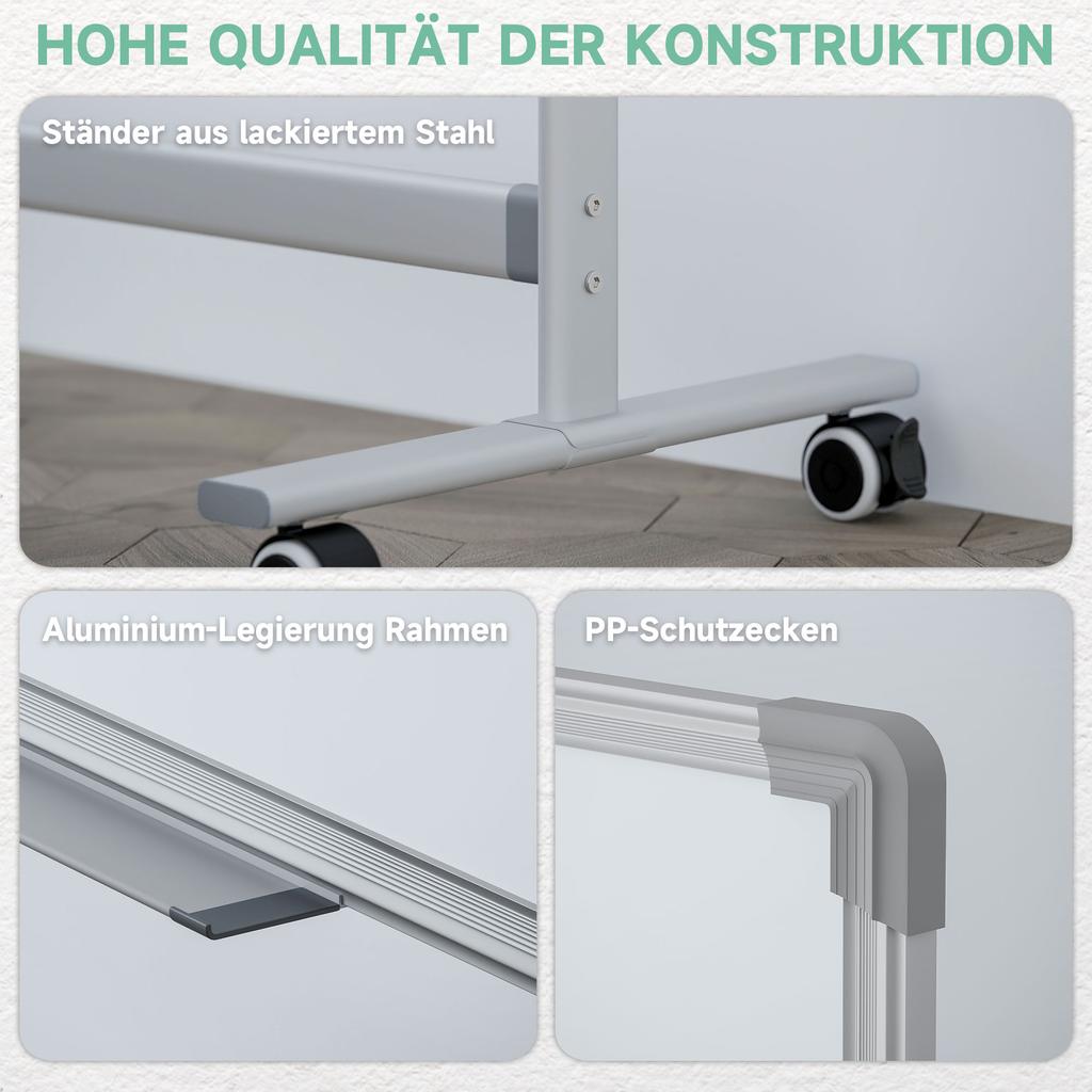 Whiteboard, 120 x 90 cm, Magnetic, Rotatable, Mobile, incl. Marker & Eraser, Metal Frame, White
