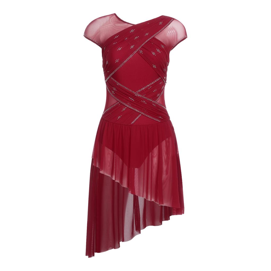 Женский купальник-платье для фигурного катания Сборки Сетчатый верх Стразы Неровный подол Открывающаяся ластовица Боди