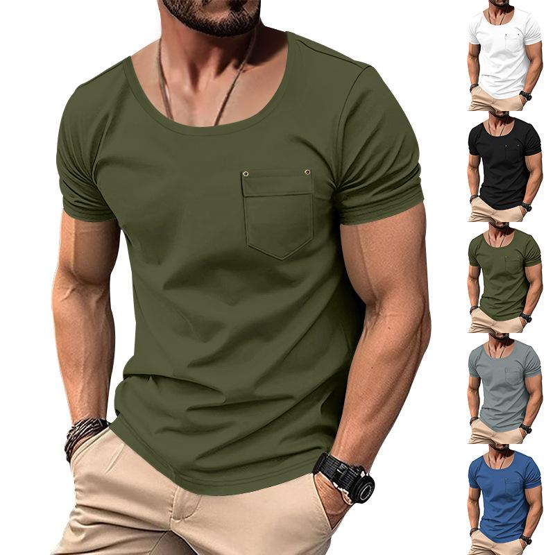 Men's New Summer V-Neck T-Shirt, Solid Color Thin Short Sleeve Tee With Chest Pocket, European American Plus Size Casual Tops for Men