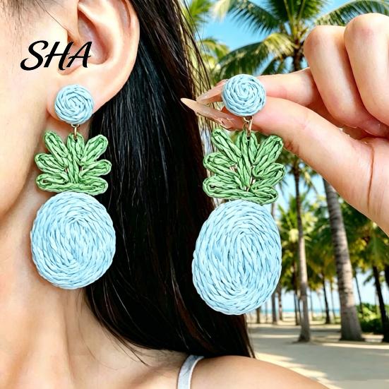 Lightweight Tropical Earrings 1 Pair Handmade Raffia for Women, Boho Straw Hand-Woven Pineapple Dangle Earrings, Natural Rattan Summer Beach